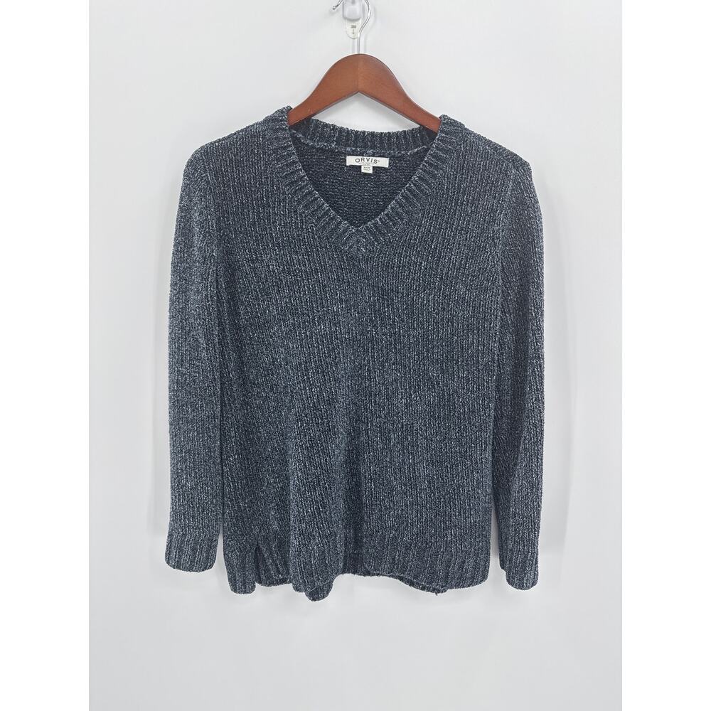 Orvis Chenille Sweater Navy Marled V Neck Soft Knit Pullover Size Small